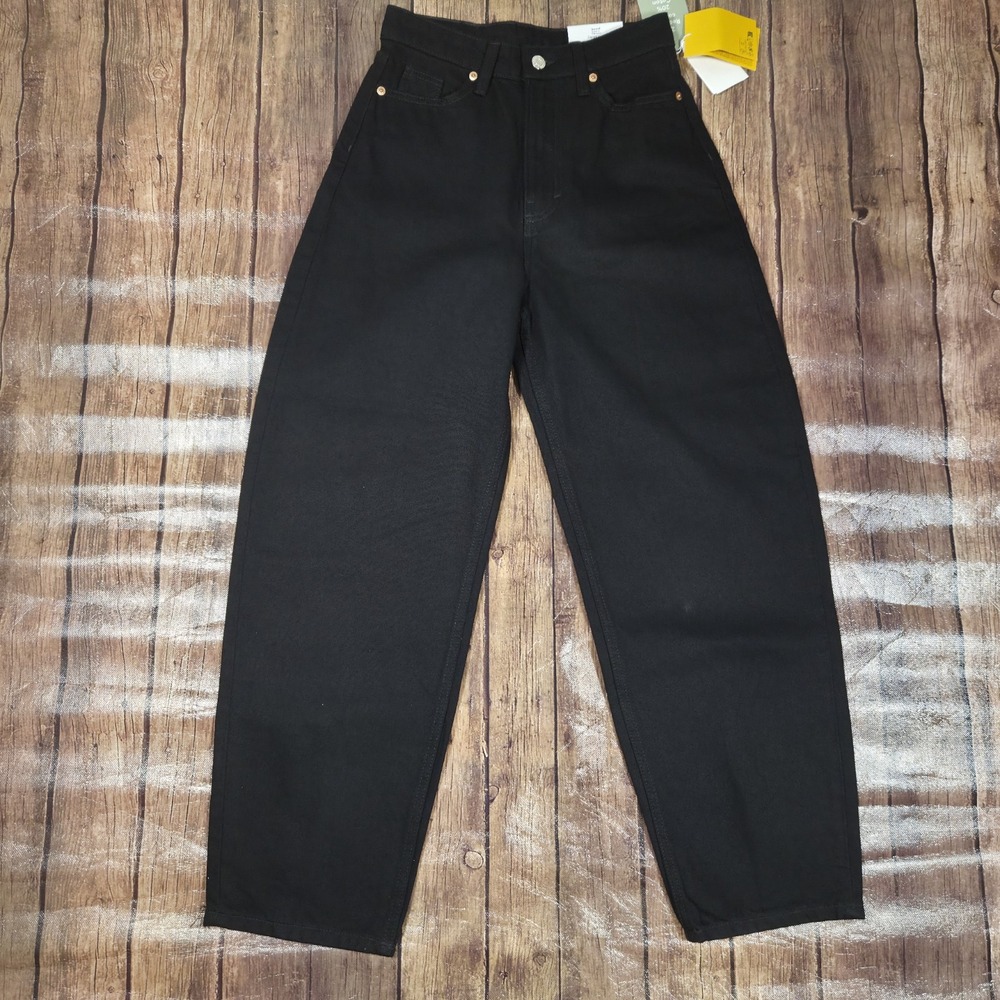 H&M High Waist Barrel Leg Jeans Womens 0 Black Loose Fit Minimalist‎ Utilitarian